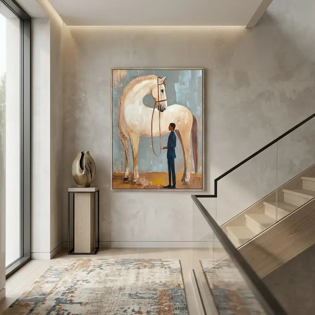 Staircase with a large framed painting of a horse and person on the wall.