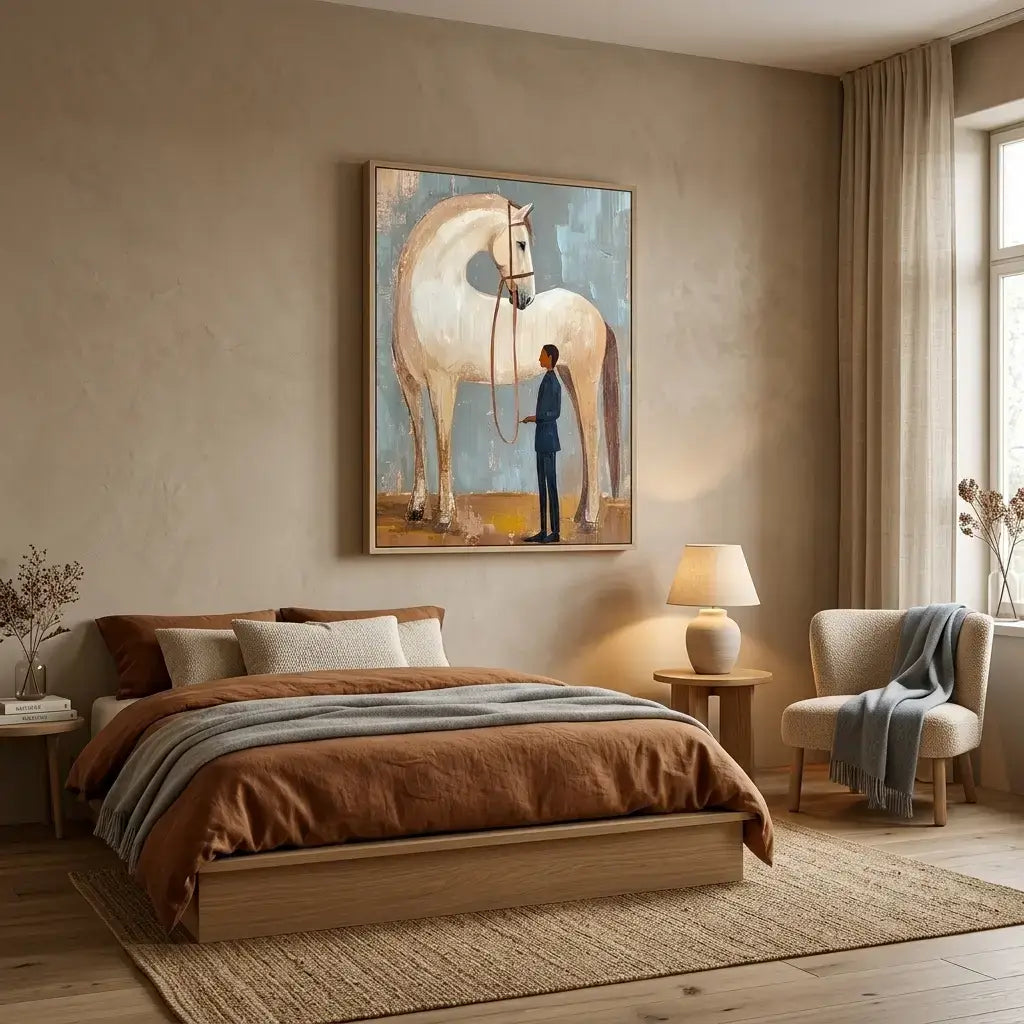 Bedroom with a large painting of a horse on the wall, wooden bed, and side table with lamp.