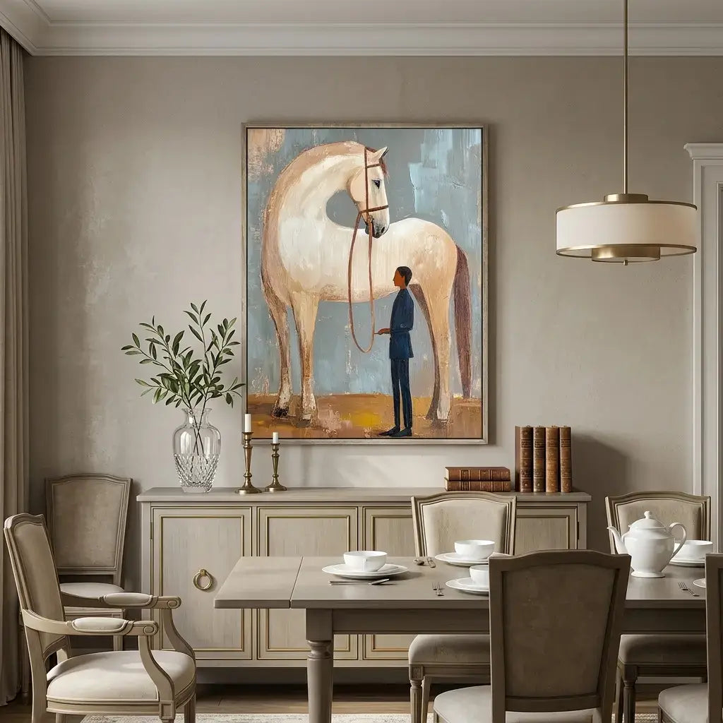 Dining room with a large framed painting of a horse and person on the wall.