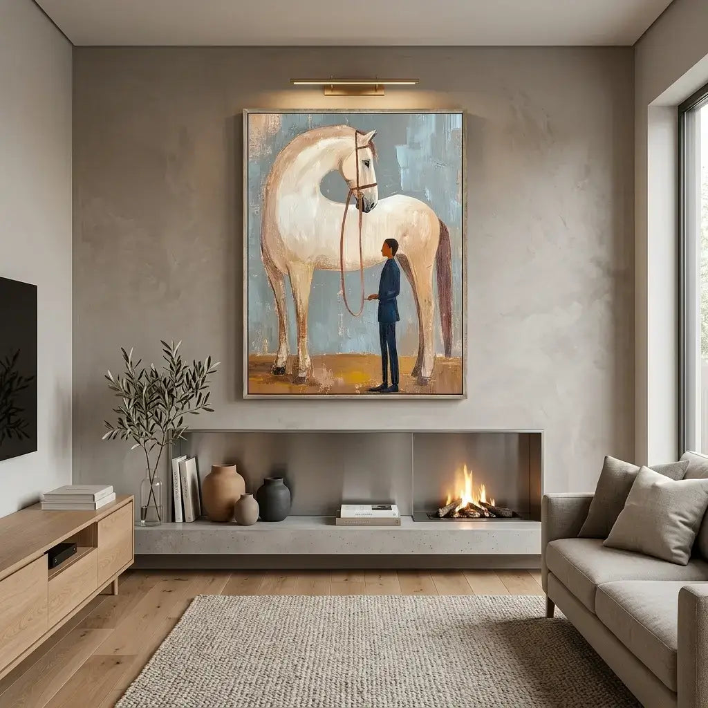 Living room with a painting of a man and horse above a fireplace