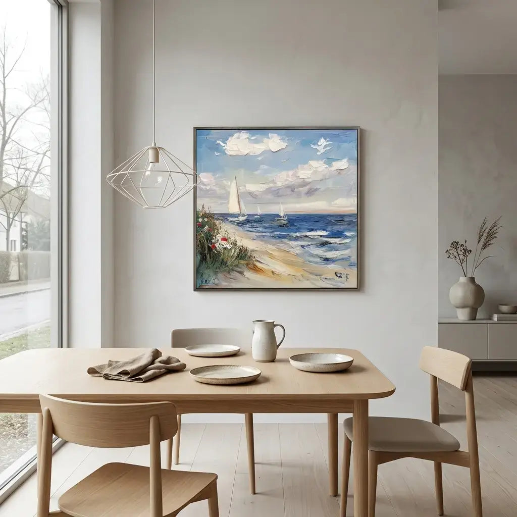 Dining room with a wooden table and chairs, featuring a seascape painting on the wall.