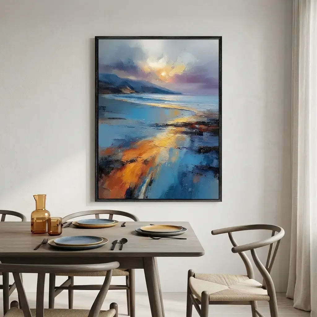 Dining room with a large abstract landscape painting on the wall above a table set for dinner.