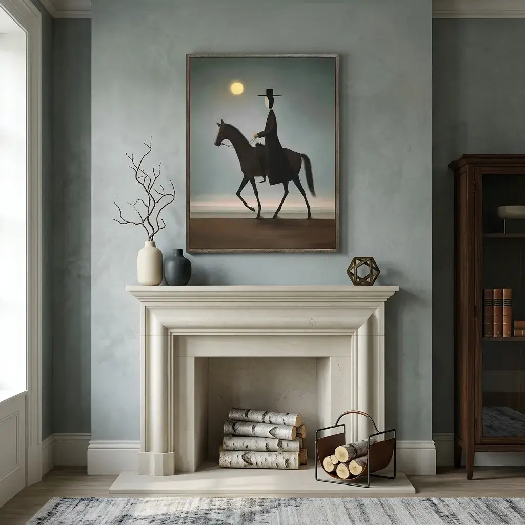 Room interior with a fireplace, decorative items, and a framed picture on the wall.