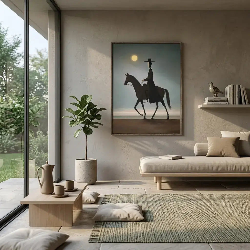 Modern living room with a painting of a person on a horse, a sofa, and decorative items.