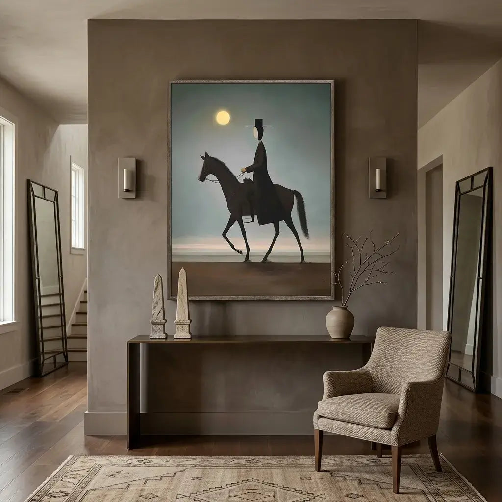 Modern interior with a painting of a person on horseback, a chair, and decorative elements.