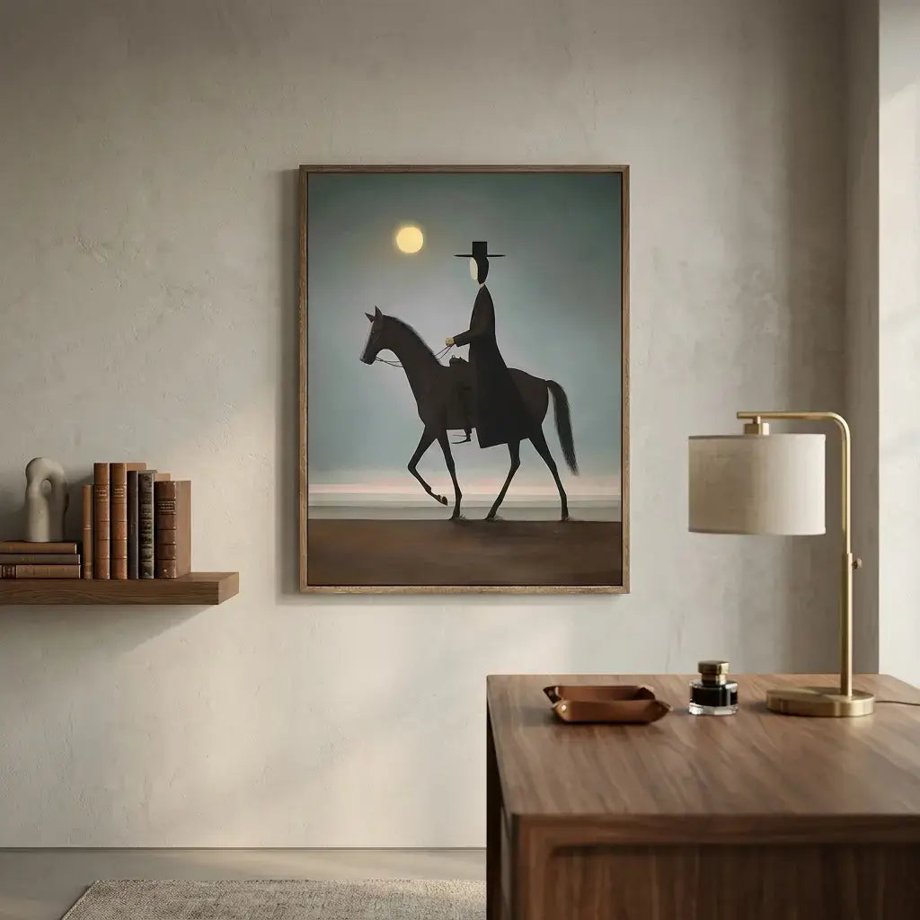 Framed artwork of a silhouette of a person on a horse against a moonlit sky, hanging above a wooden desk.
