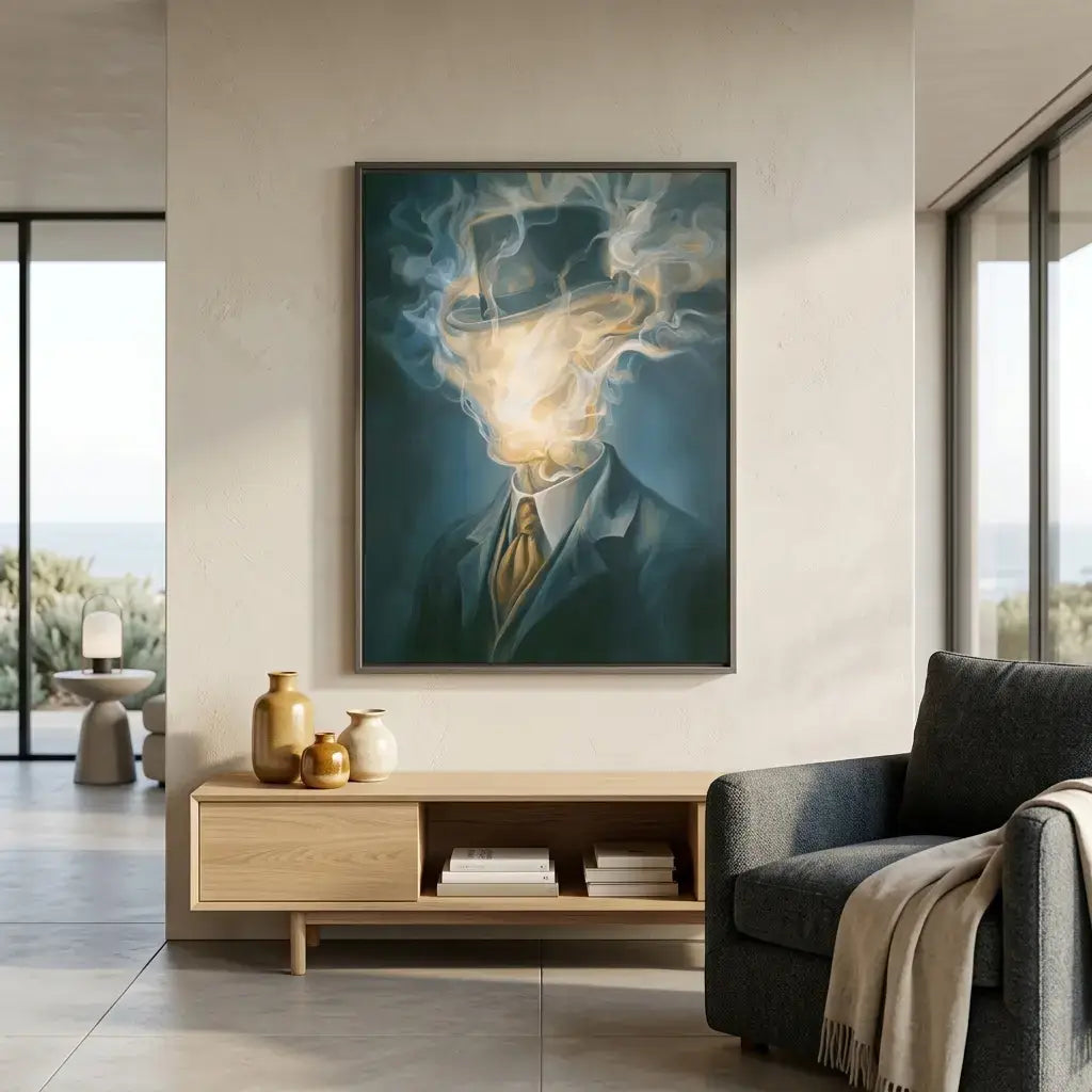 Modern living room with a large abstract painting on the wall, a wooden side table with decorative items, and a gray armchair.