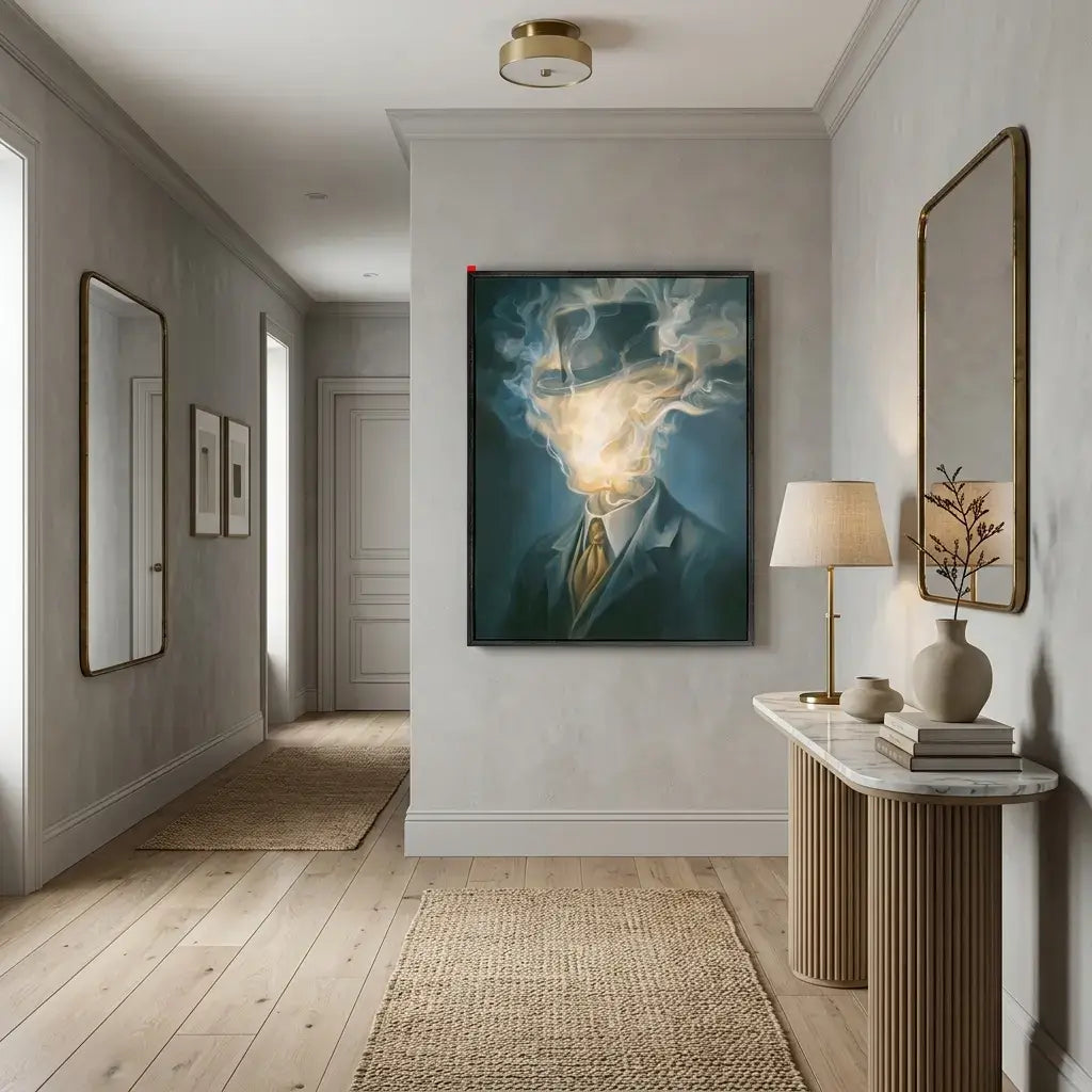 Modern hallway with a decorative painting on the wall, a lamp, and a console table.