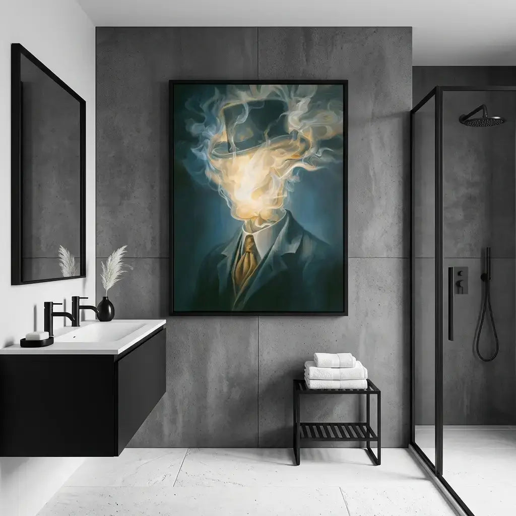 Bathroom interior with a large framed artwork on the wall.