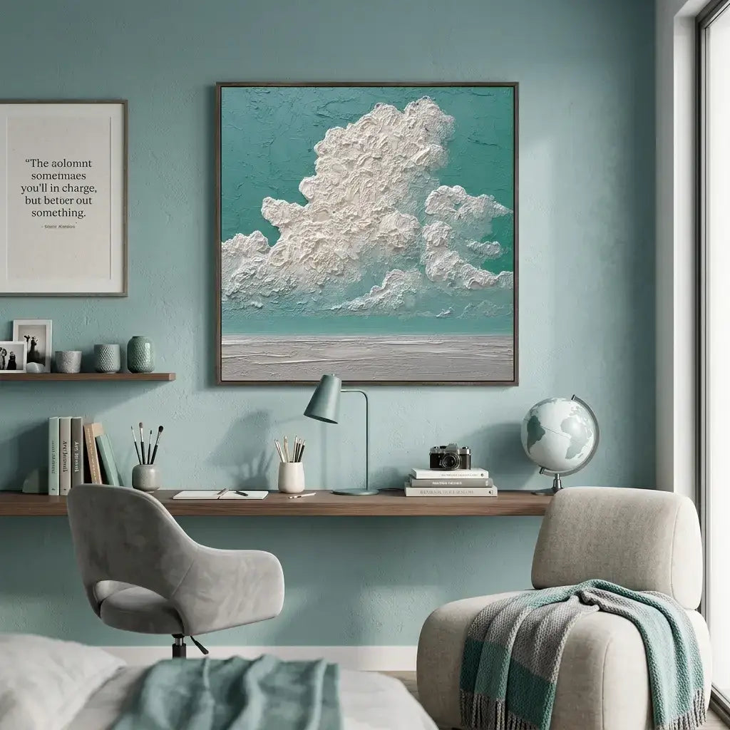 Modern home office with teal walls, framed artwork, and a desk setup.