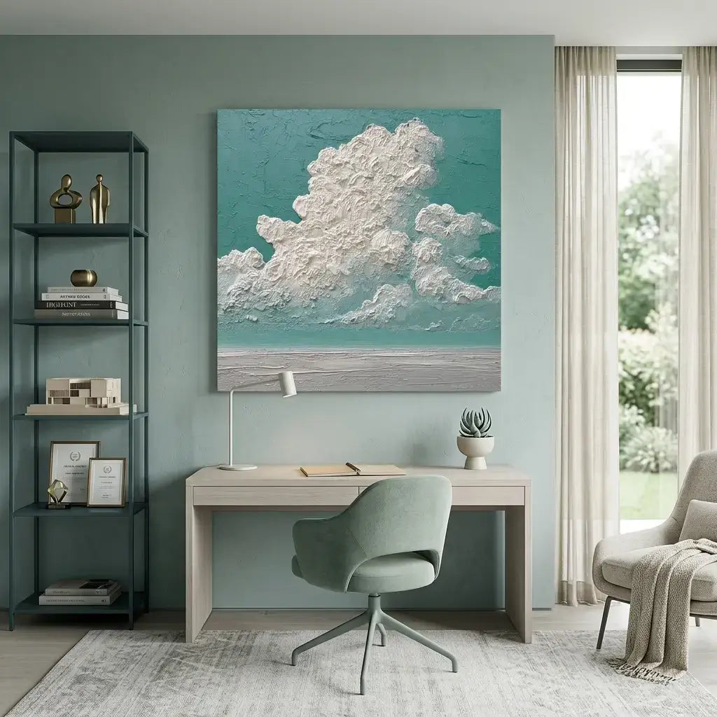 Modern home office with a desk, chair, and wall art of clouds.