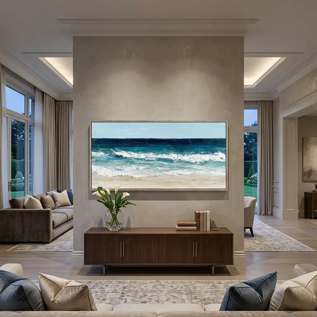 Modern living room with a large TV displaying an ocean scene, wooden cabinet, and comfortable seating.