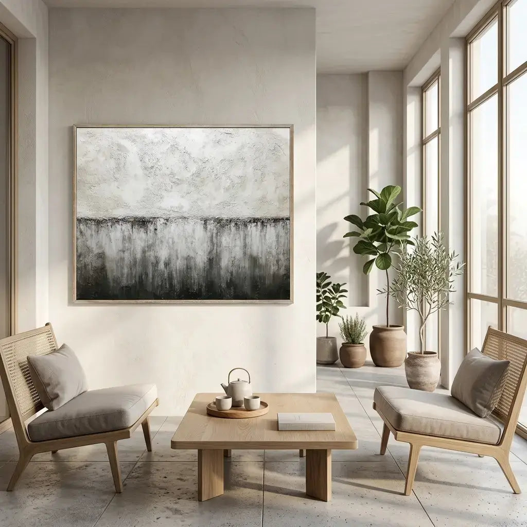 Modern living room with wooden furniture, abstract art, and plants.