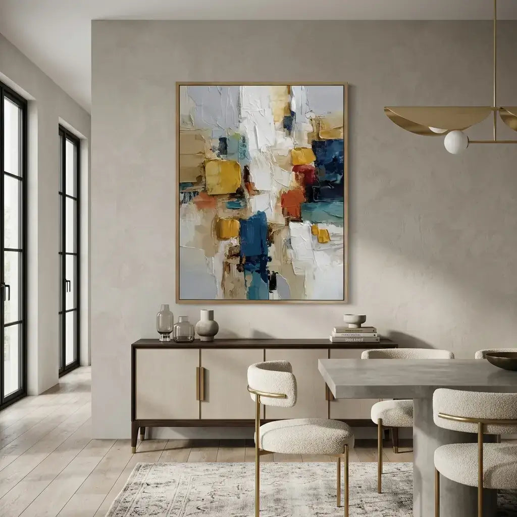 Modern dining room with abstract art on the wall, table, and chairs.