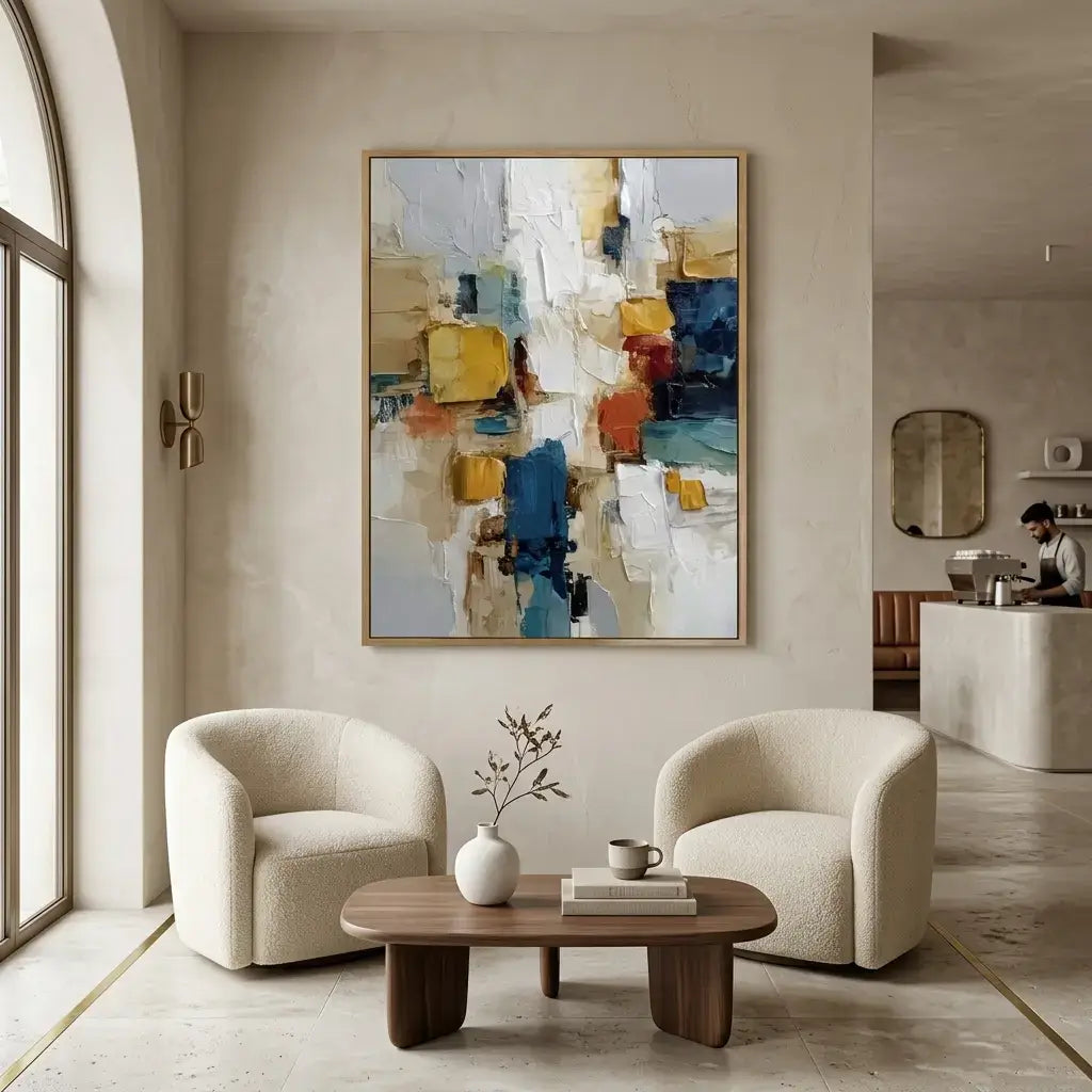 Modern living room with abstract art, chairs, and a coffee table.
