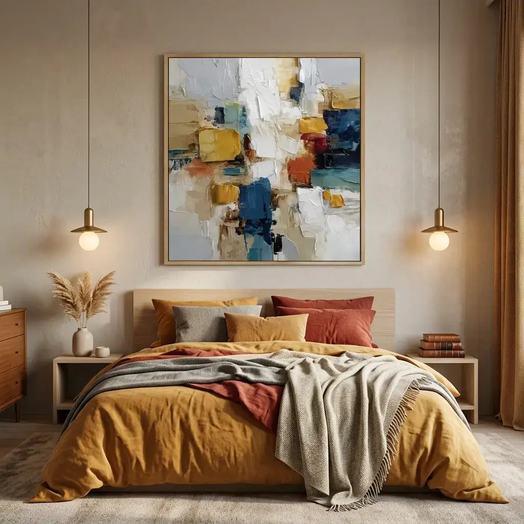 Modern bedroom with abstract art above a bed, soft lighting, and decorative elements.