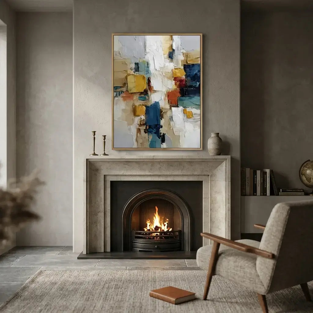 Living room with a fireplace, abstract painting, and armchair.