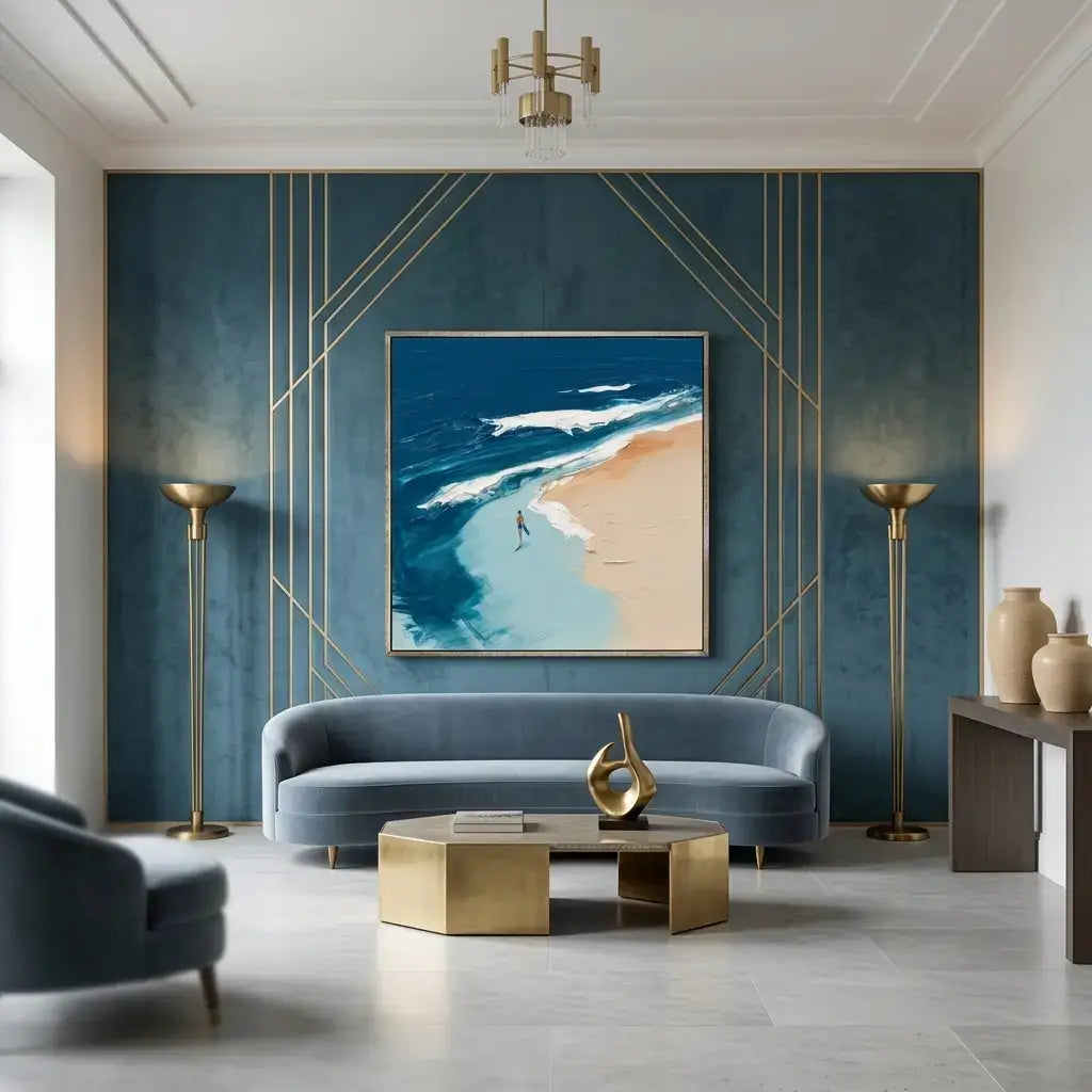 Modern living room with blue sofa, gold coffee table, and abstract wall art.