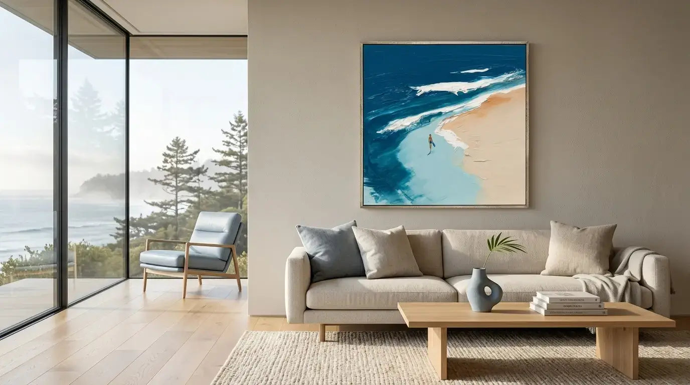 Modern living room with a sofa, coffee table, and a large wall art of a beach scene.