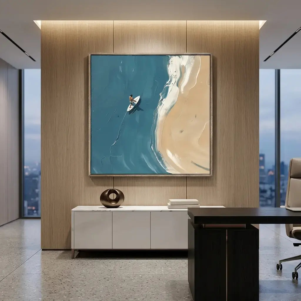 Modern office interior with a large abstract painting on the wall.