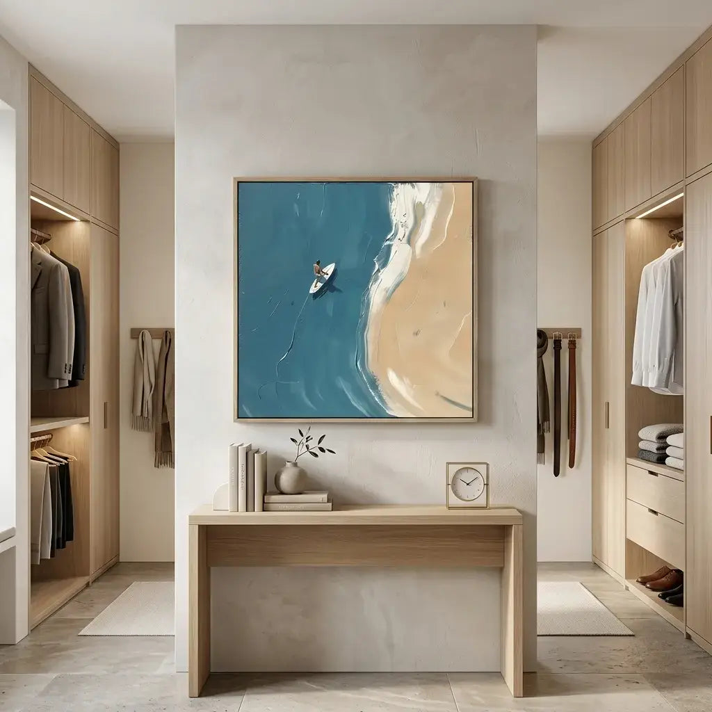 Modern interior with wooden desk, wall art, and wardrobe.