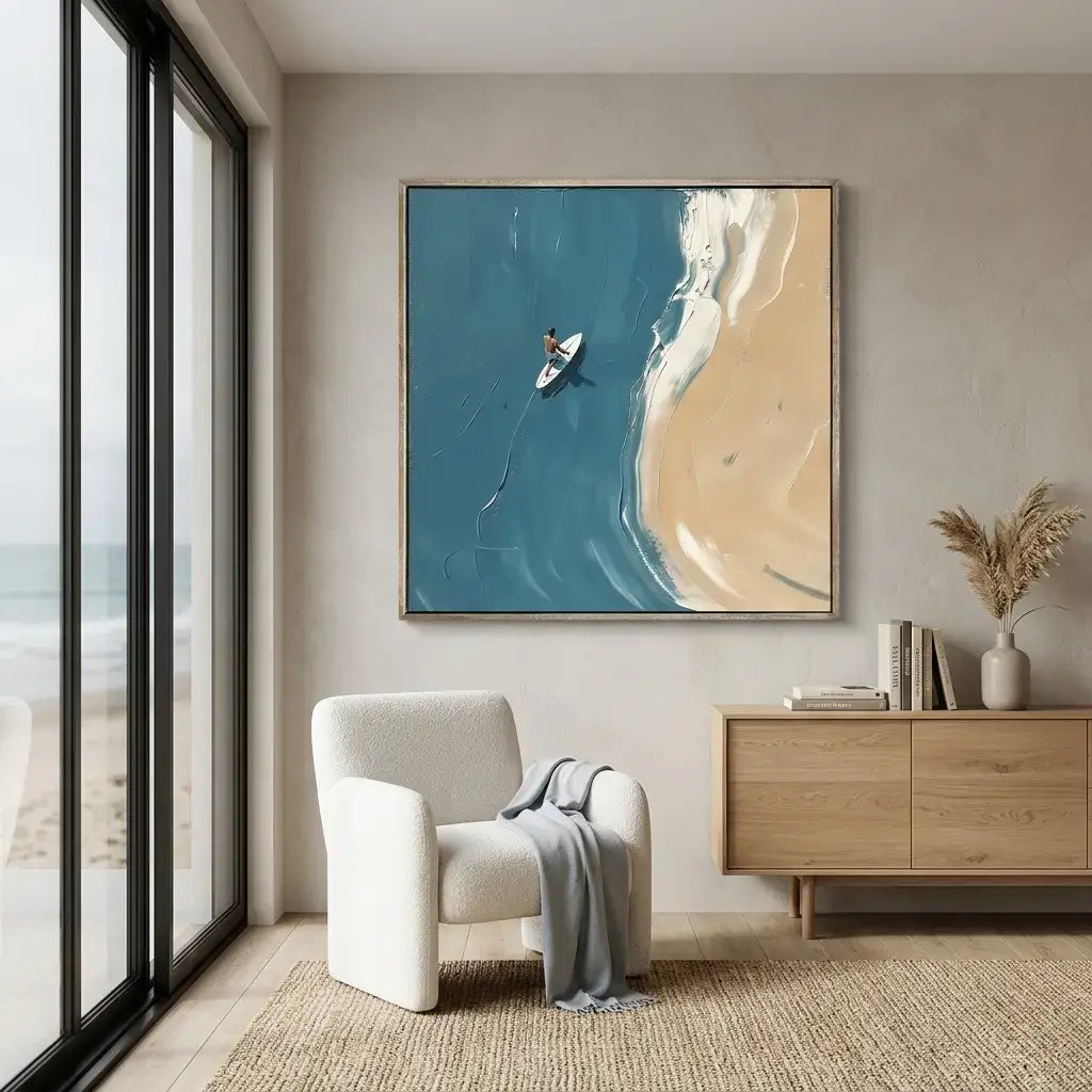 Modern interior with a large abstract painting of a beach scene, a white armchair, and wooden sideboard.