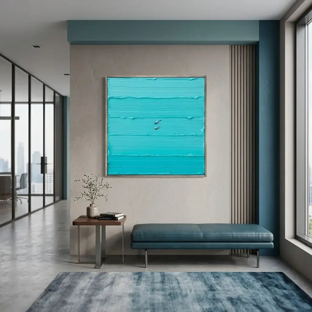 Modern interior with a teal sofa, rug, and abstract turquoise painting on a gray wall.