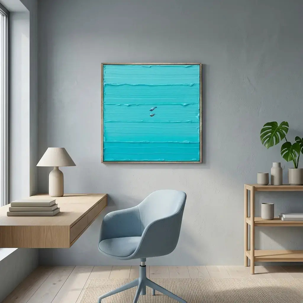 Modern interior with a teal abstract painting on a gray wall, light blue chair, and wooden desk.