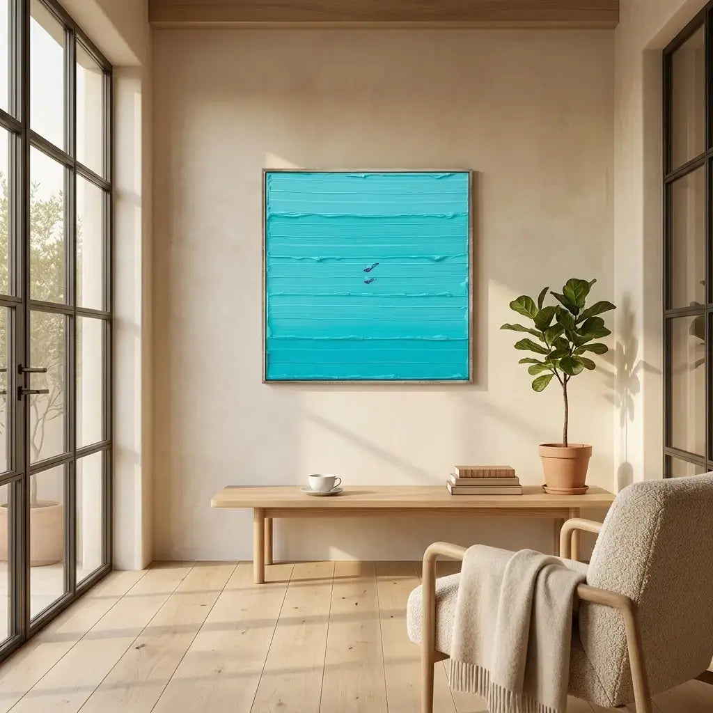 Modern interior with a blue abstract painting on the wall, wooden table, and chair.