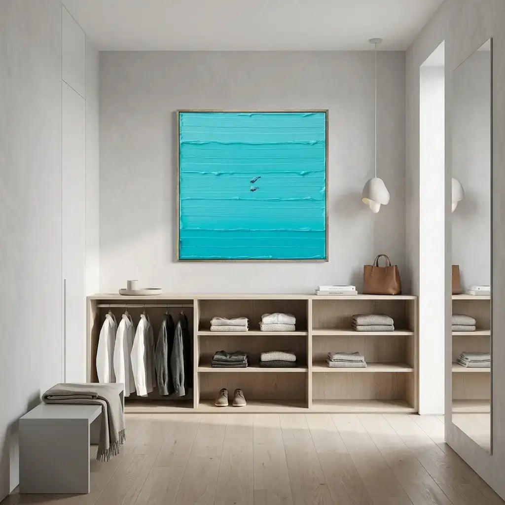 Modern interior with a turquoise abstract painting on a gray wall, wooden shelves with clothes, and a bench.