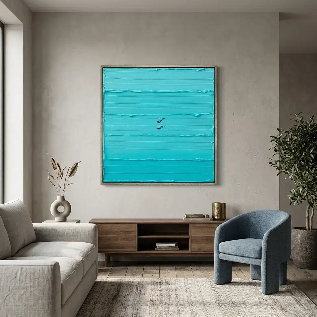 Modern living room with a blue abstract painting on the wall