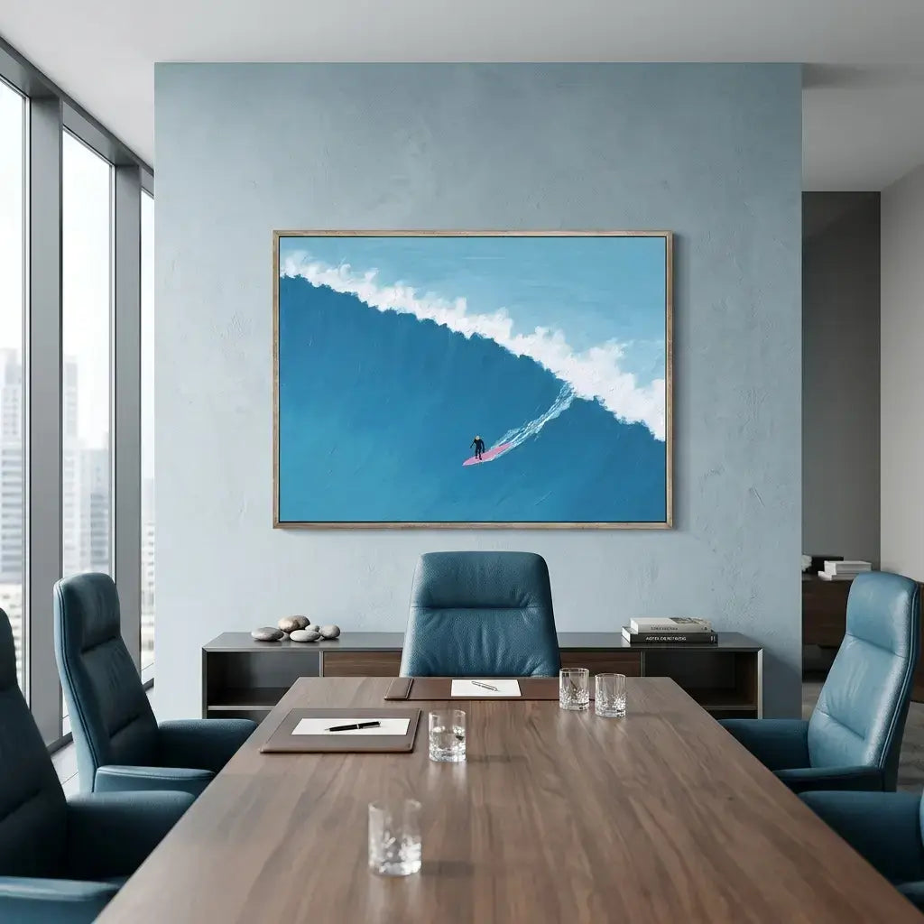 Modern office with a large framed picture of a surfer on a wave above a conference table.