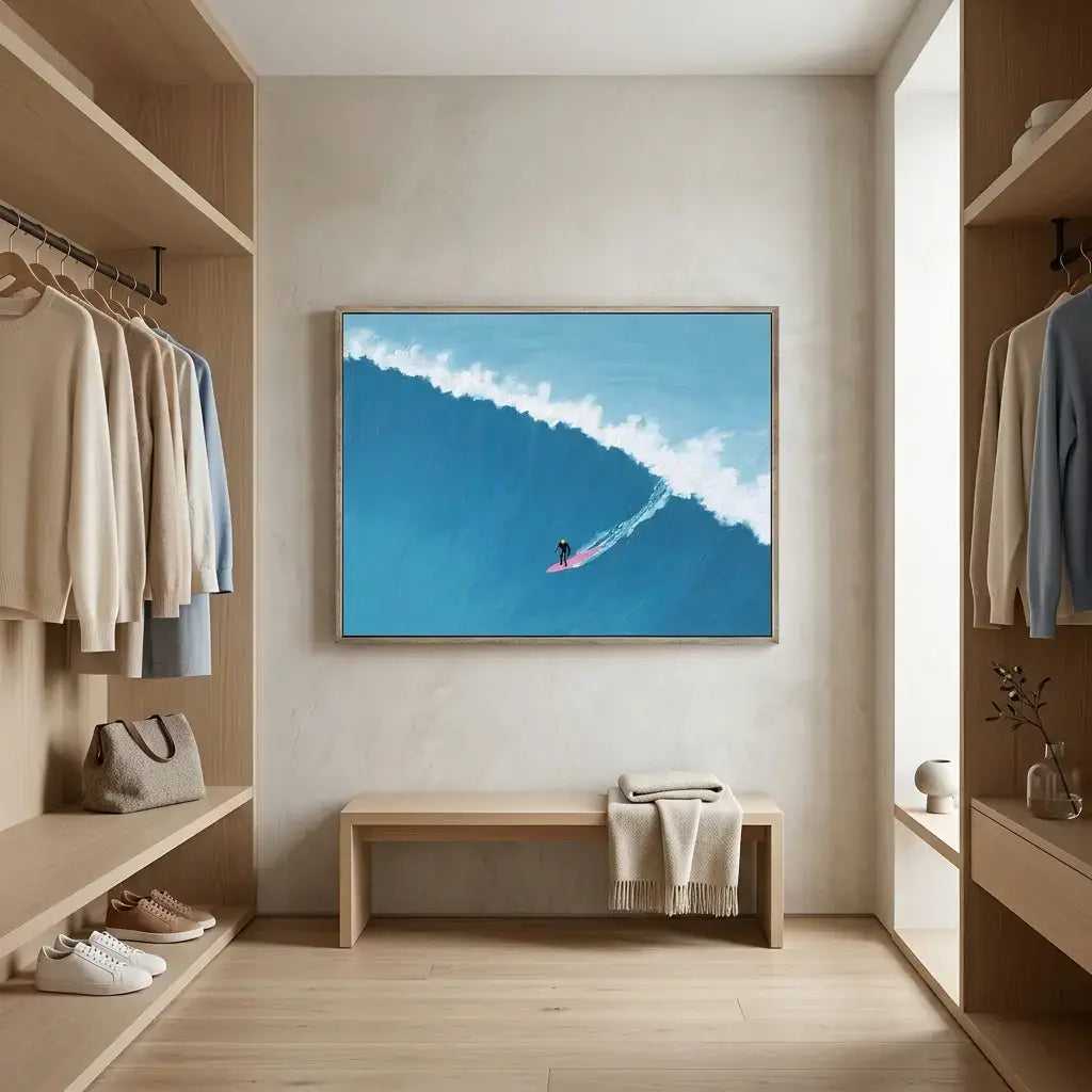 Modern interior with a TV displaying a surfing scene, shelves with clothes and shoes, and a bench.