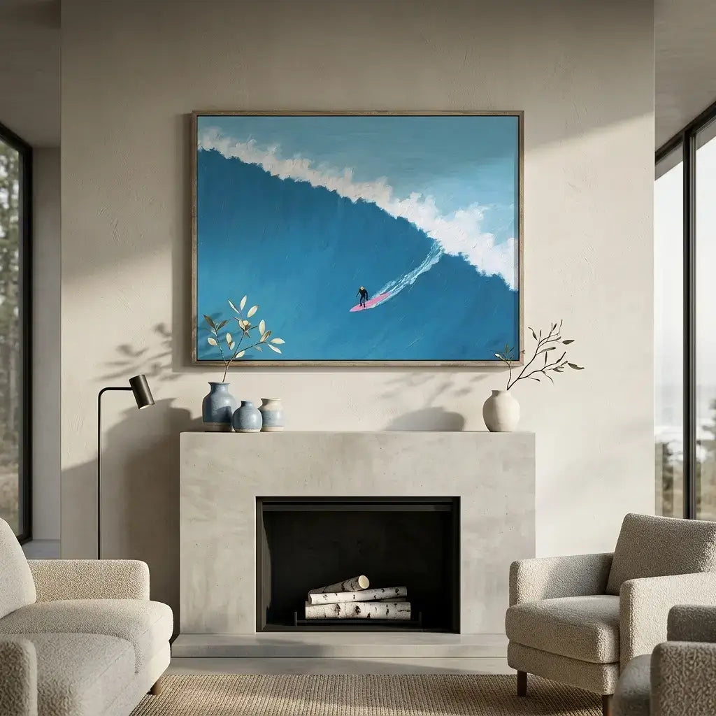 Living room with a fireplace and a large abstract painting above it