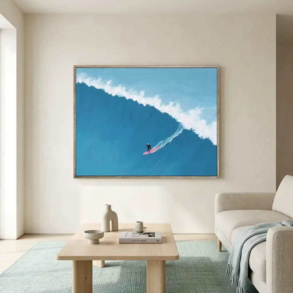 Framed artwork of a surfer on a wave in a modern living room.