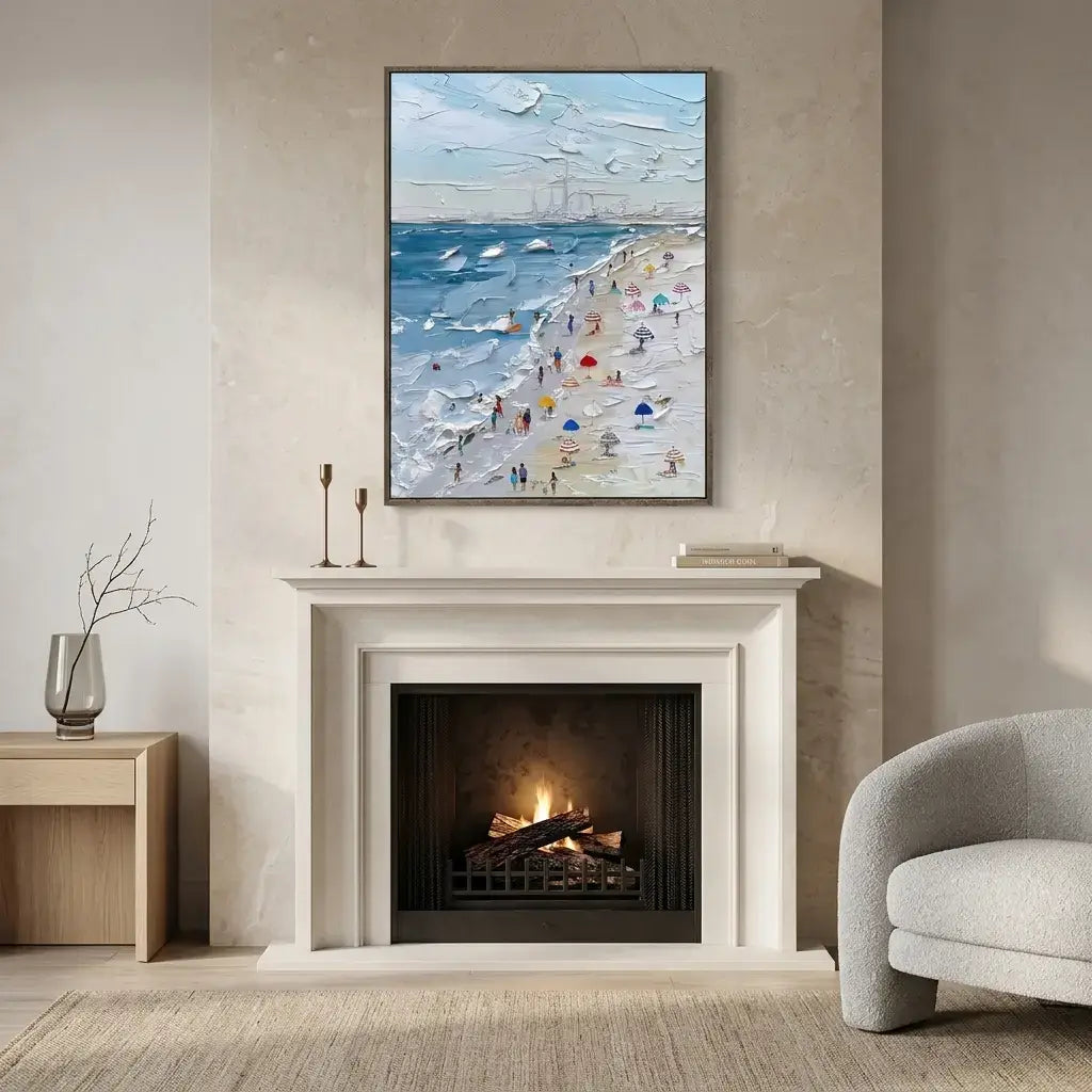 Living room with a fireplace and a beach scene painting above it