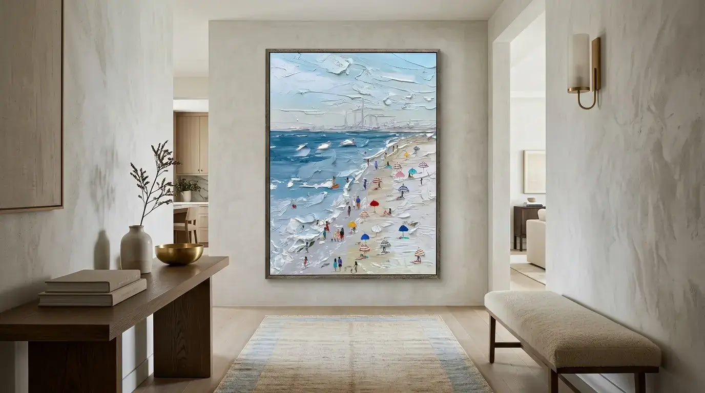 Framed artwork of a beach scene in a modern interior setting