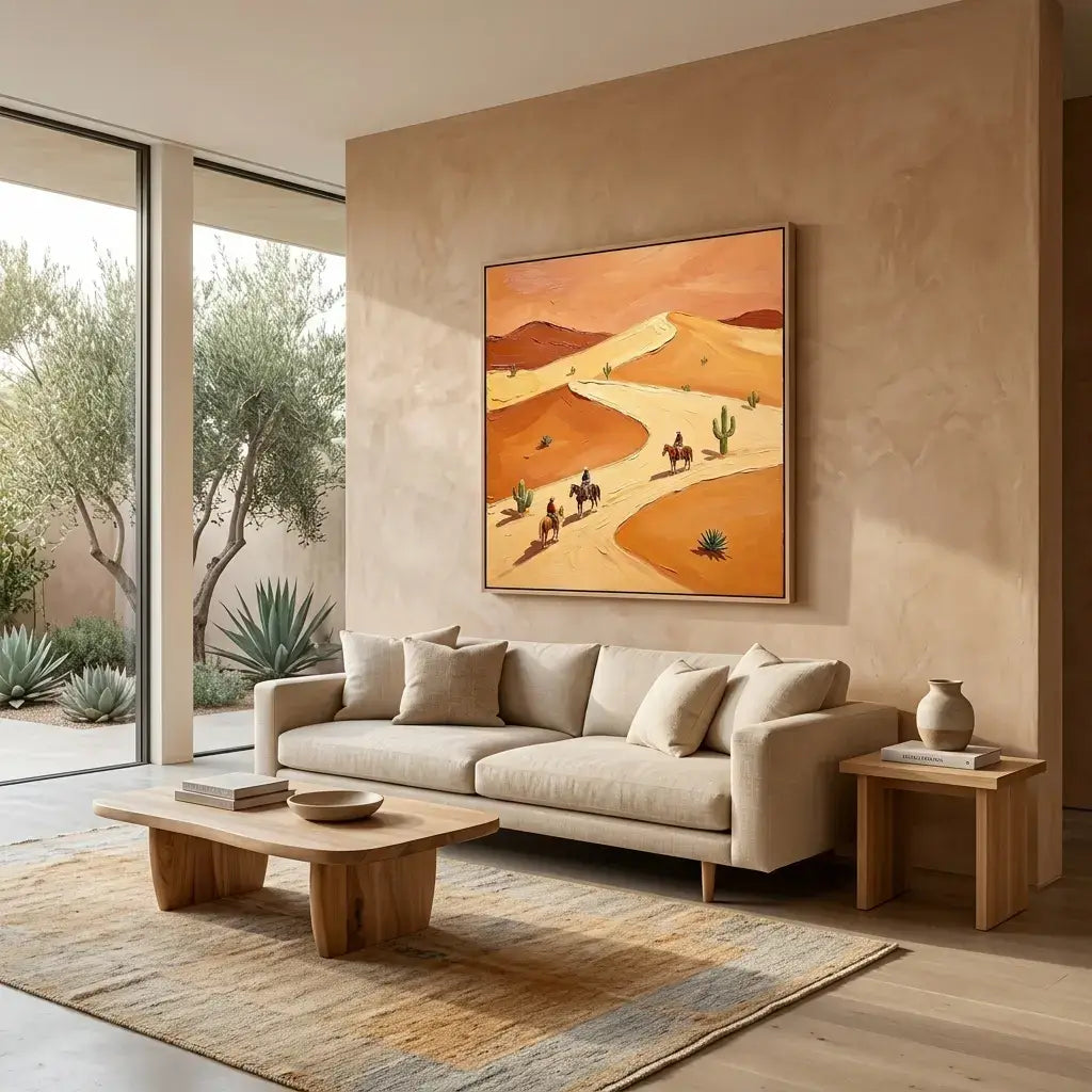 Modern living room with a beige sofa, wooden coffee table, and desert-themed wall art.