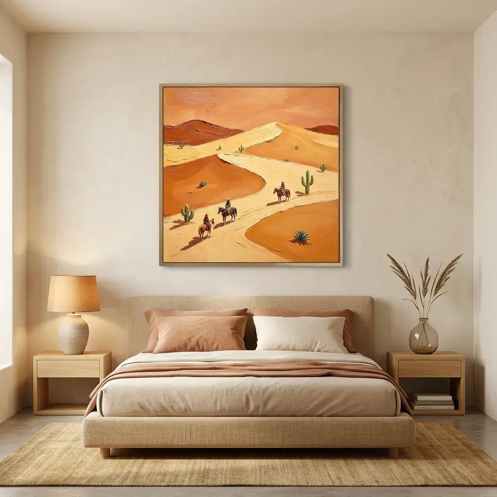Bedroom with a desert-themed painting above the bed