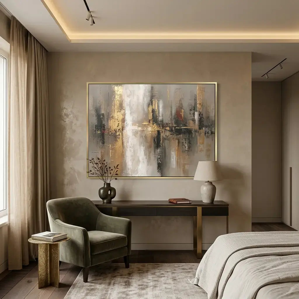 Modern bedroom with abstract art, chair, and desk.