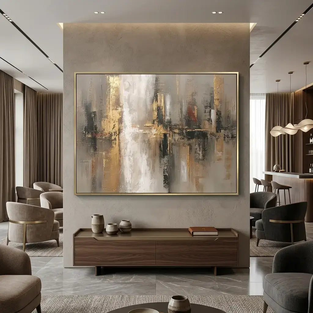 Modern living room with abstract painting and wooden console table
