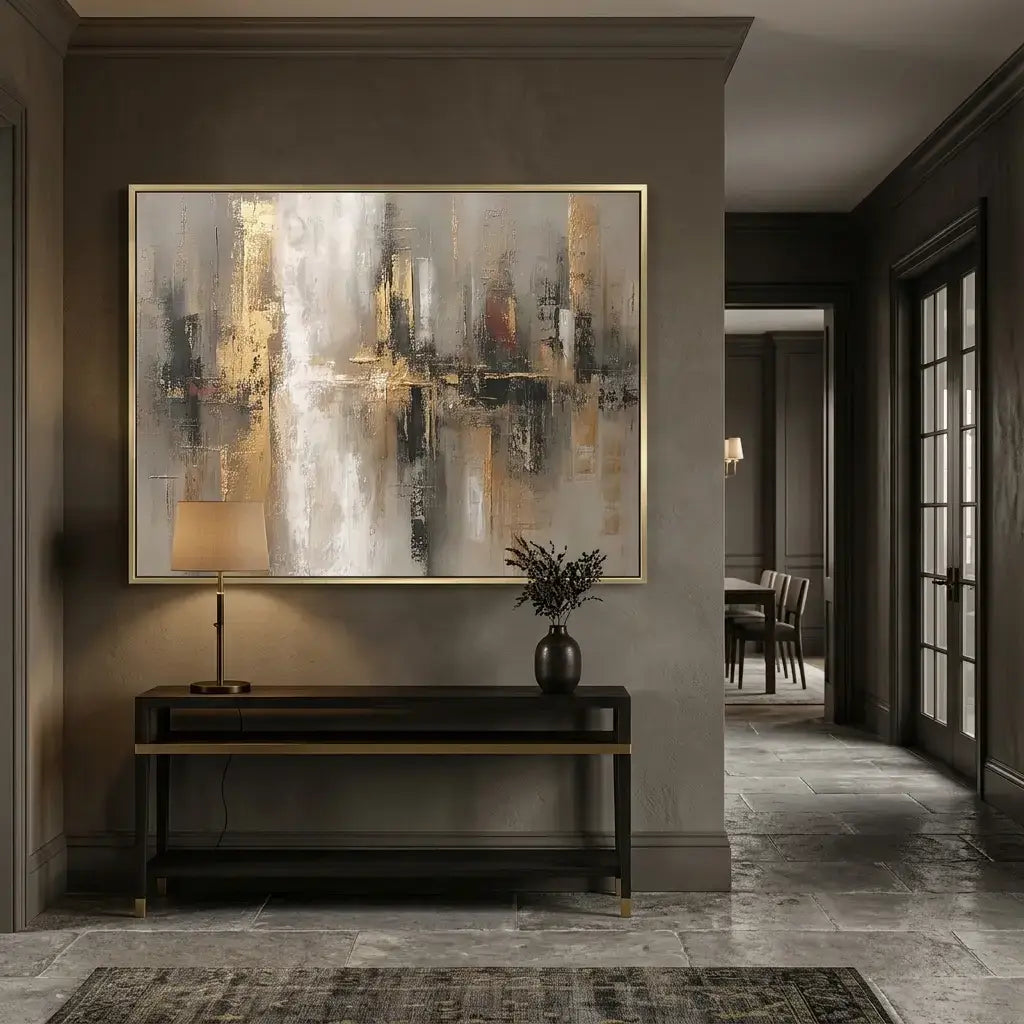 Modern interior with abstract painting on a wall above a console table.