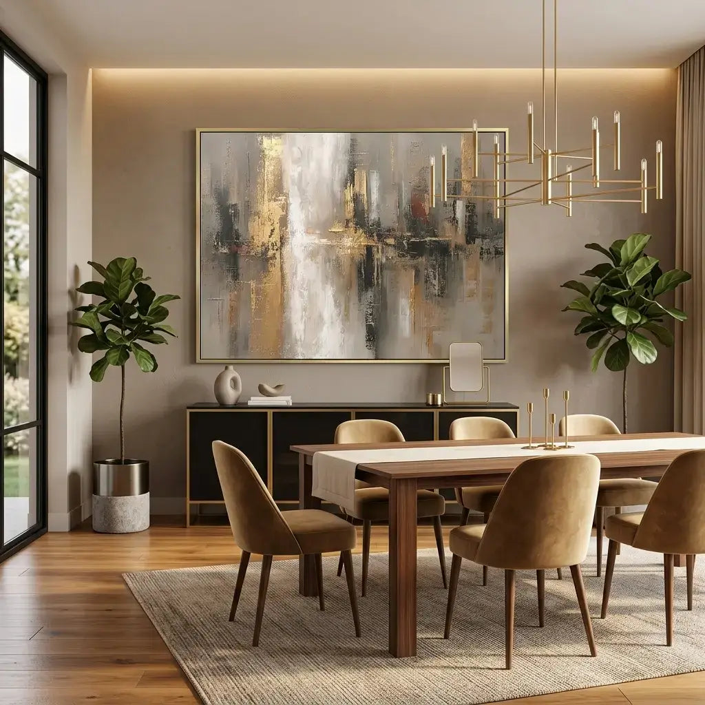 Modern dining room with wooden table, chairs, abstract painting, and decorative elements.