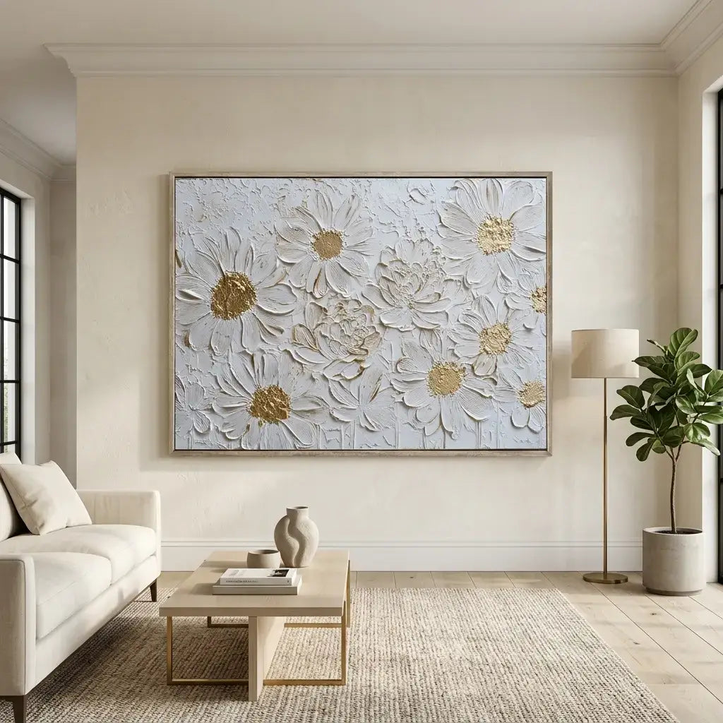 Living room with a large floral painting on the wall, white sofa, and decorative items.