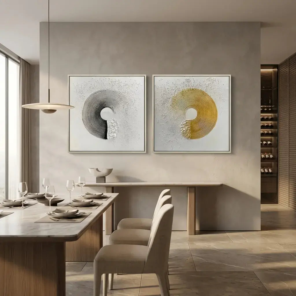 Modern dining room with abstract wall art and a wine rack.