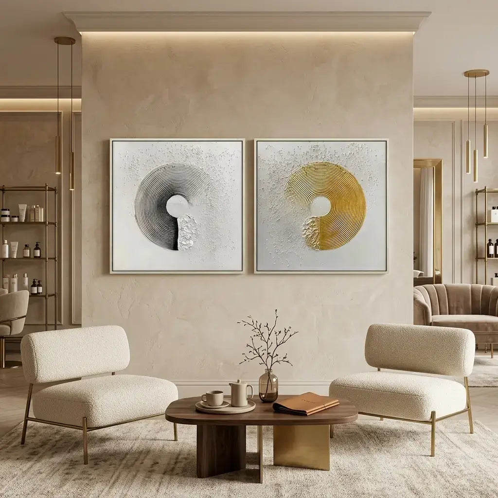 Modern living room with two abstract wall art pieces, a coffee table, and chairs.