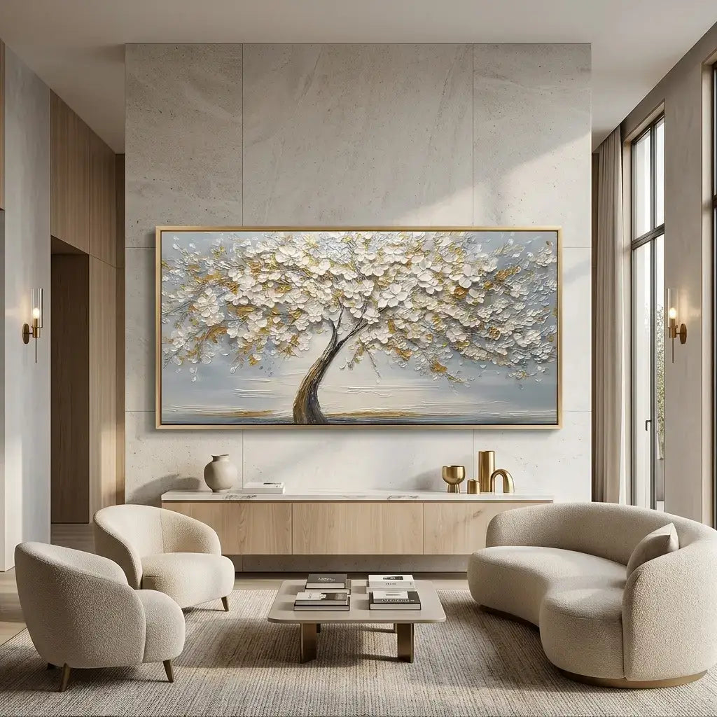 Modern living room with a large abstract painting of a tree on the wall.