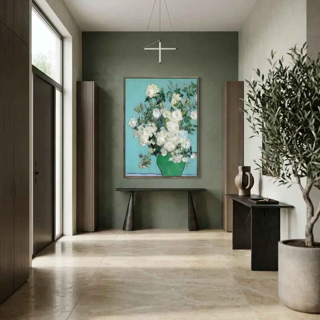 Modern interior with a painting of flowers on a wall, a vase, and a potted plant.