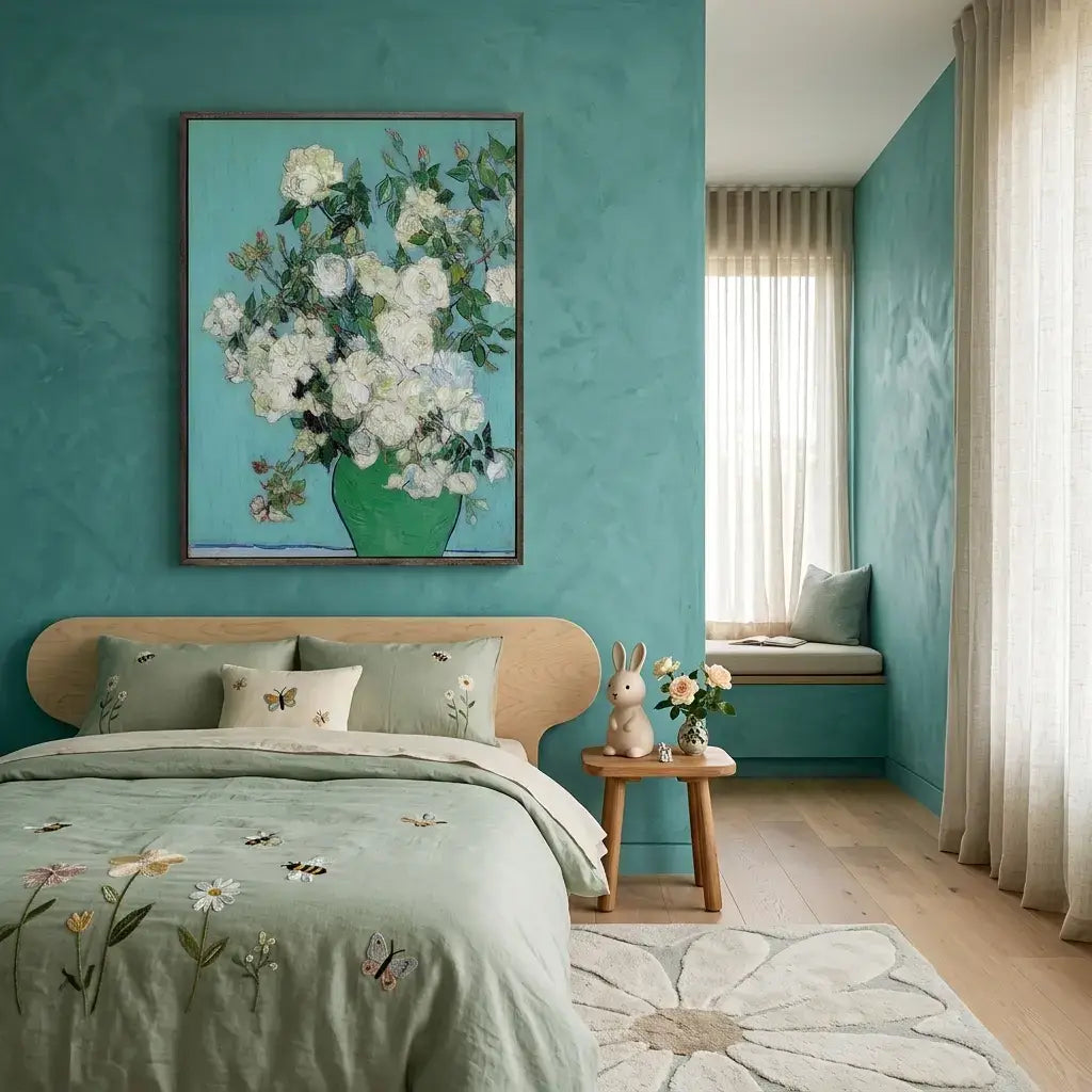 Cozy bedroom with teal walls, floral artwork, and decorative elements.