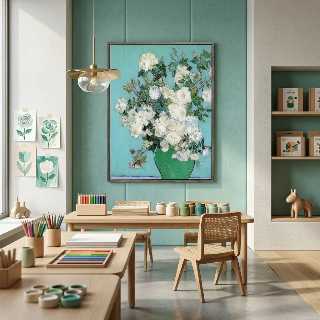 Children's playroom with wooden tables, chairs, and colorful art supplies against a teal wall with floral artwork.